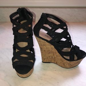 Black strappy platform wedge sandals